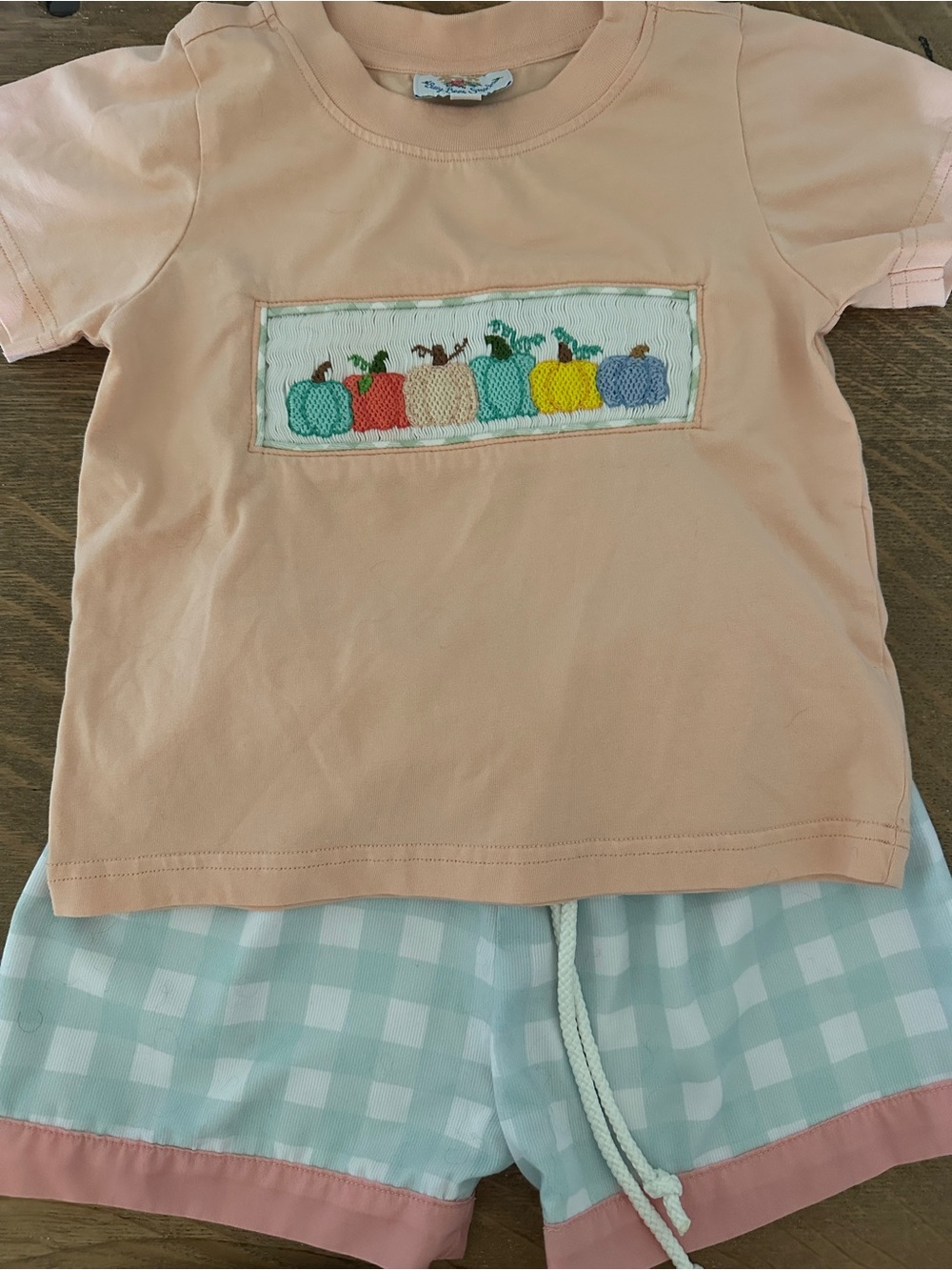 BBS Peach Tee with Colorful Pumpkin Appliqué & Mint Gingham Shorts